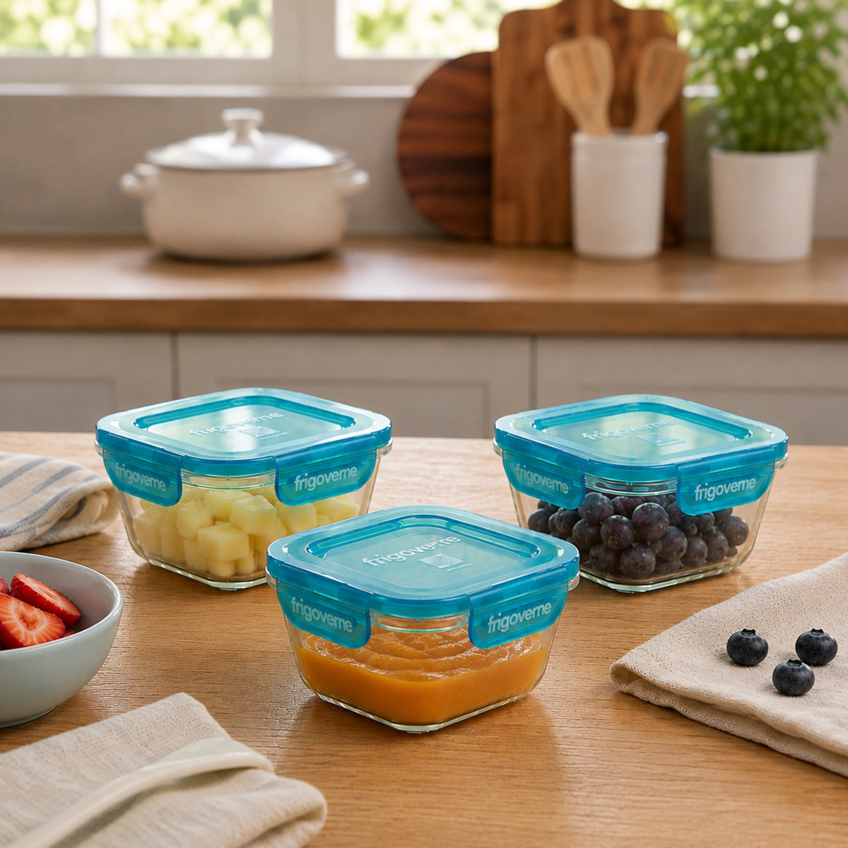 Frigoverre Evolution 2-Cup Square Glass Food Storage Container, Teal Lid