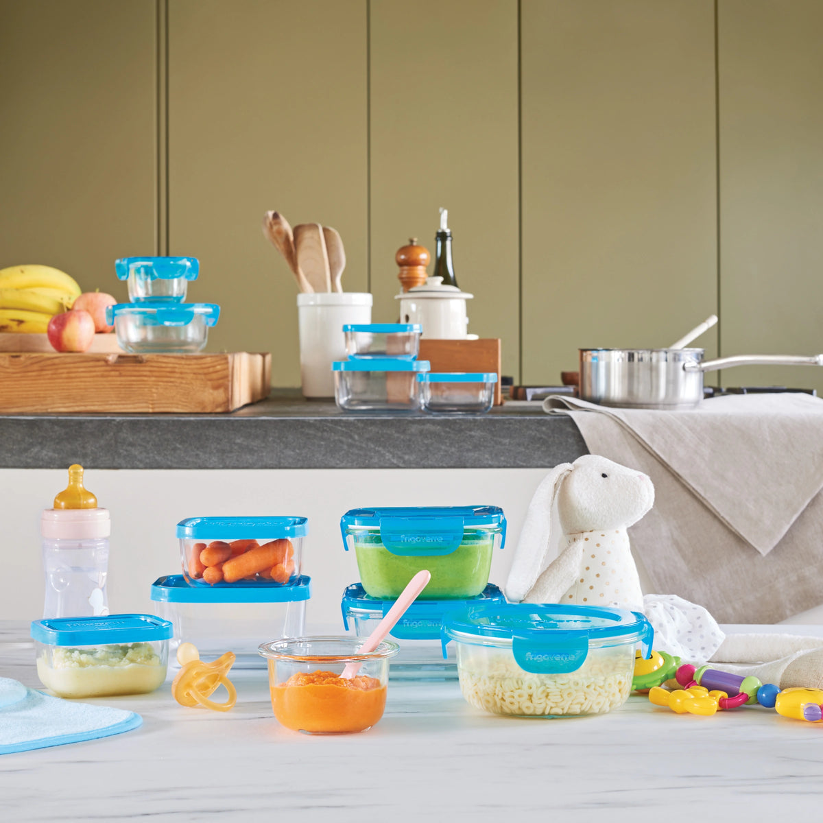 Frigoverre Evolution 2-Cup Square Glass Food Storage Container, Teal Lid