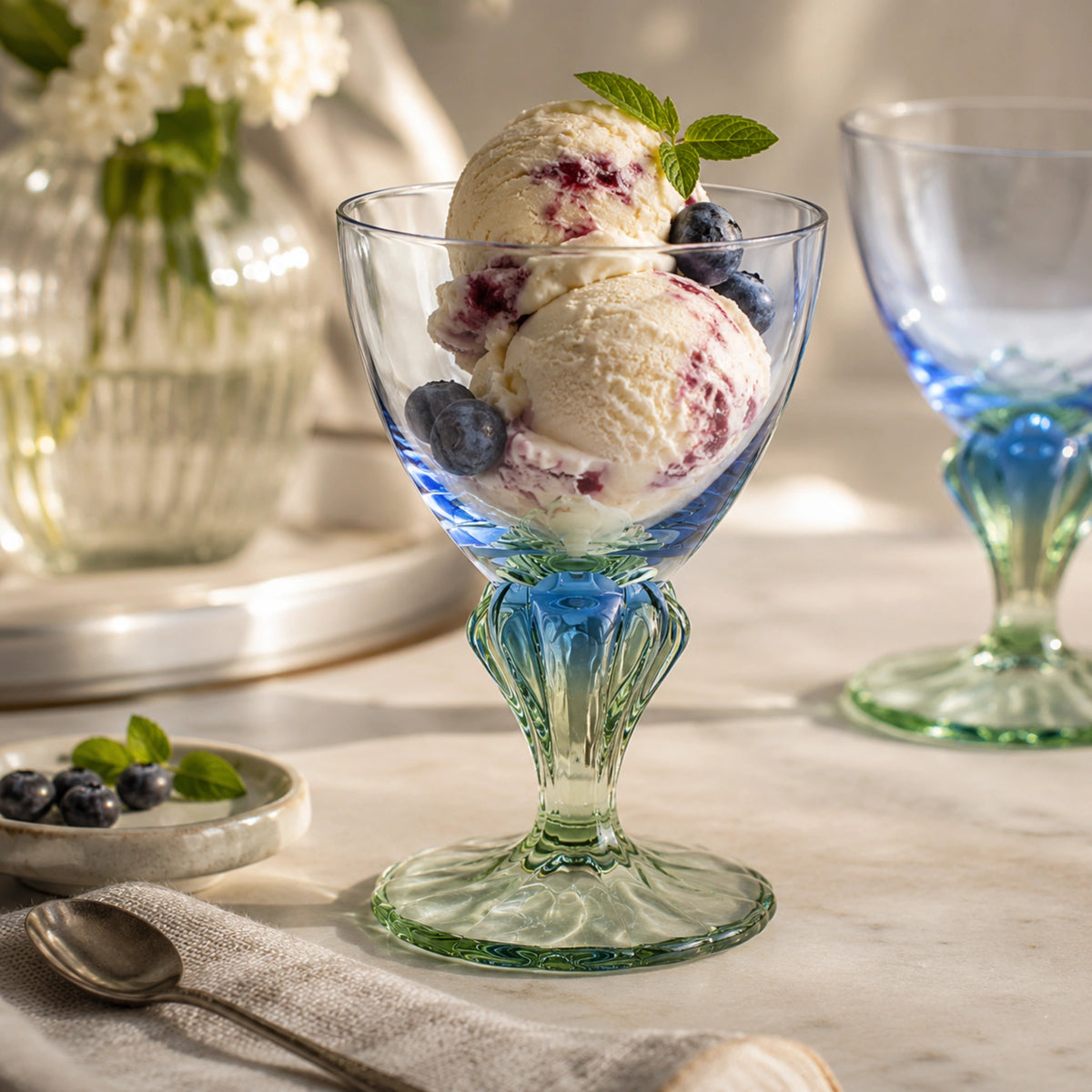 Bahia 12.2 oz. Colored Footed Dessert Bowl, Sapphire Blue & Emerald Green