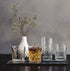Assorted Bartender collection glasses on a table with a white vase with white flowers in the background