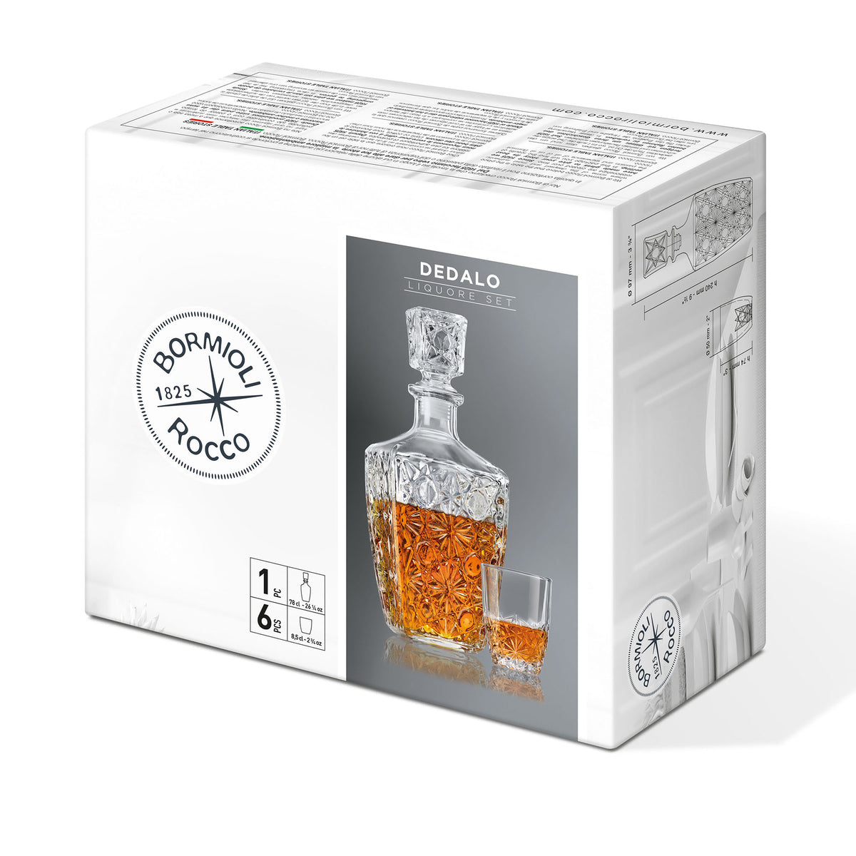 Bormioli Rocco Dedalo 7pc Liqueur Set (1 Decanter + 6 Shot Glasses) box