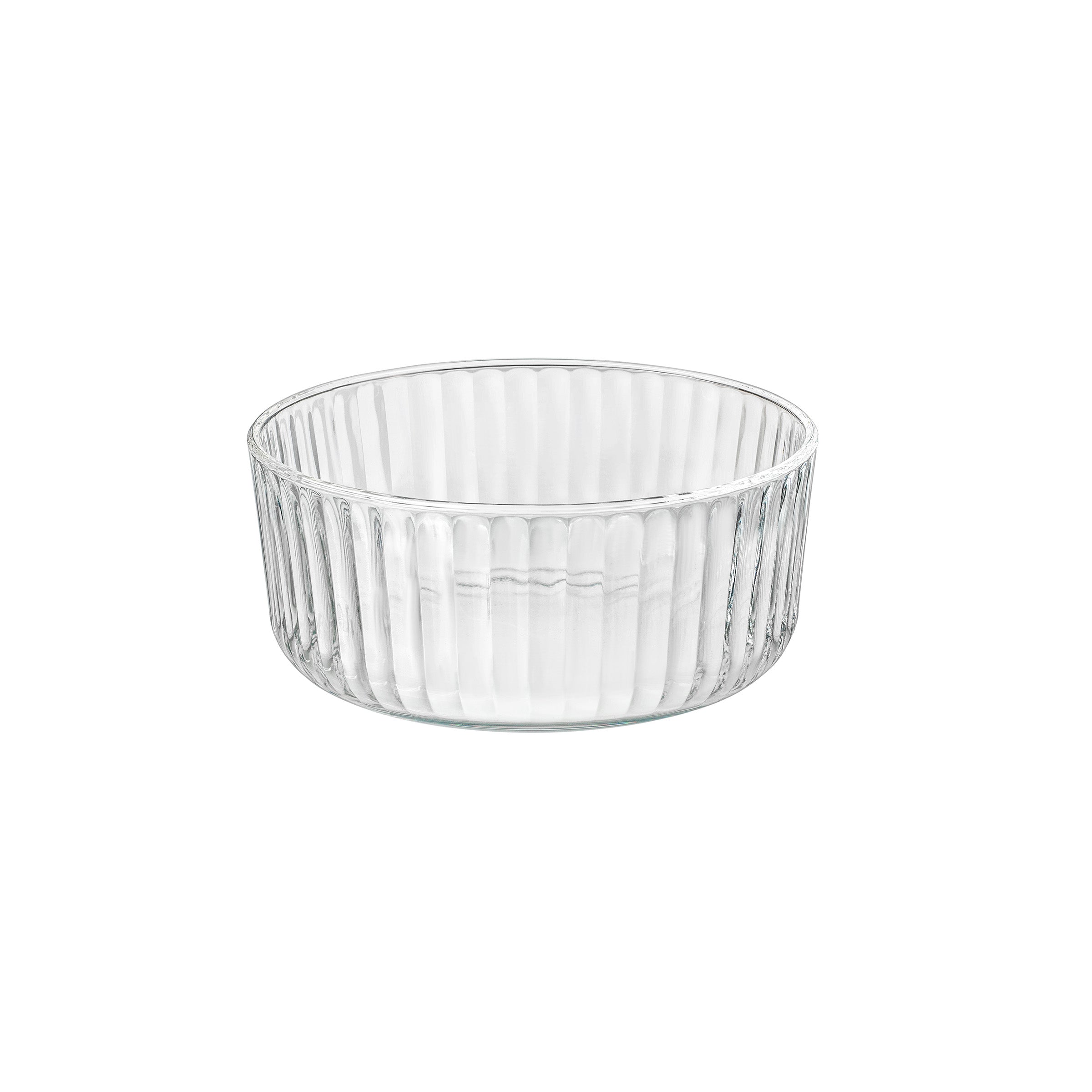 A clear round Exclusiva glass serving bowl with a multifaceted texture.