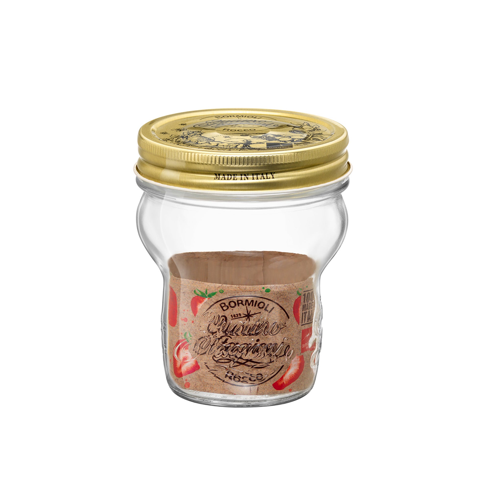 A clear Special Edition Quattro Stagioni glass jar with a gold-colored metal lid, featuring an embossed motif and fresh produce on the label.