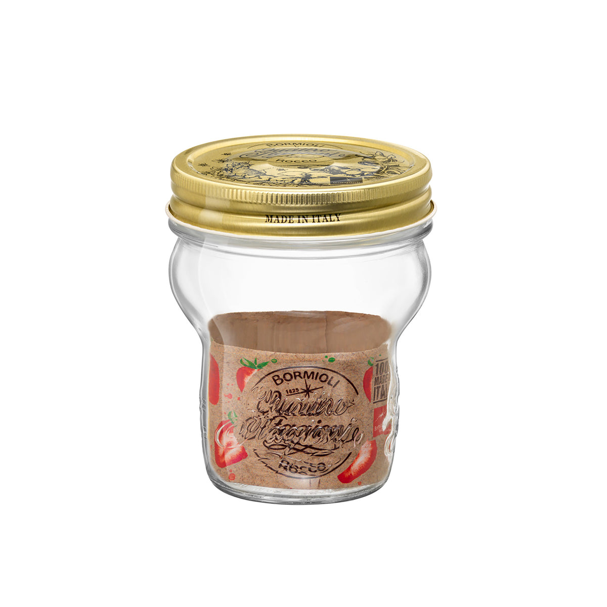A clear Special Edition Quattro Stagioni glass jar with a gold-colored metal lid, featuring an embossed motif and fresh produce on the label.